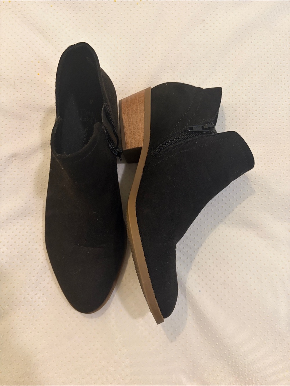 Time and Tru Black Faux Suede Ankle Booties with Tan Stacked Heel